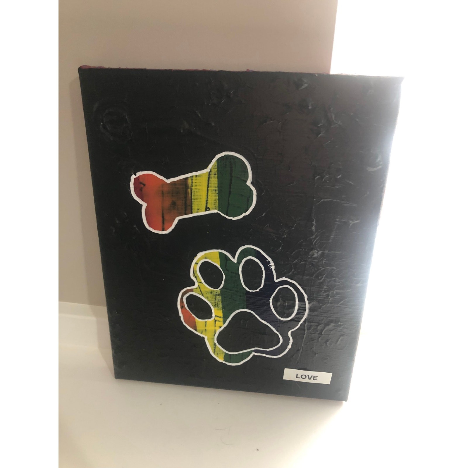 Handmade Acrylic Painting Canvas Puppy Doggy Love Black Rainbow 10″x8″x.75″ Art