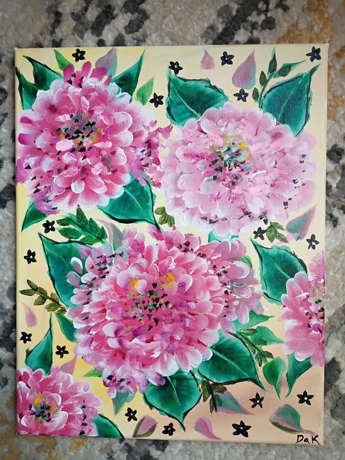 Pink Hydrangeas Yellow & Black 11×14 Canvas Original Art Expressionism Abstract