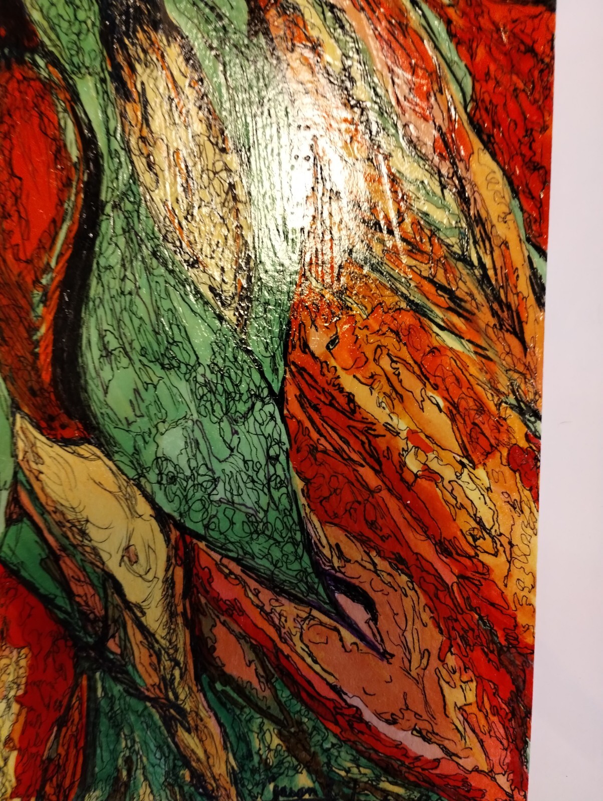 Framed Original Signed Acrylic Modern Painting Heavy Paper Bold Floral Red Green