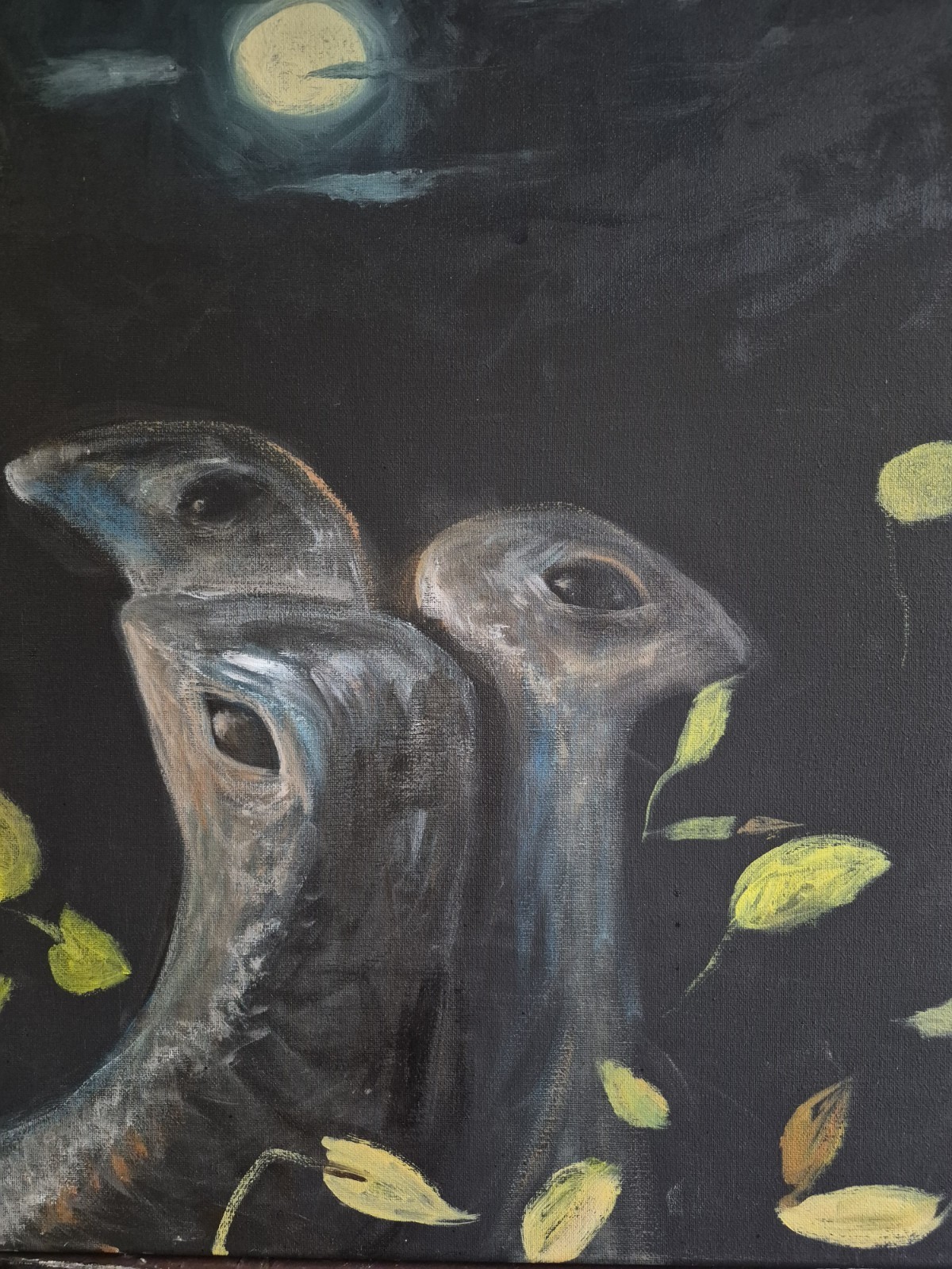 Birds Under Moon Painting – Contemporary Abstract Animals Nature Artwork