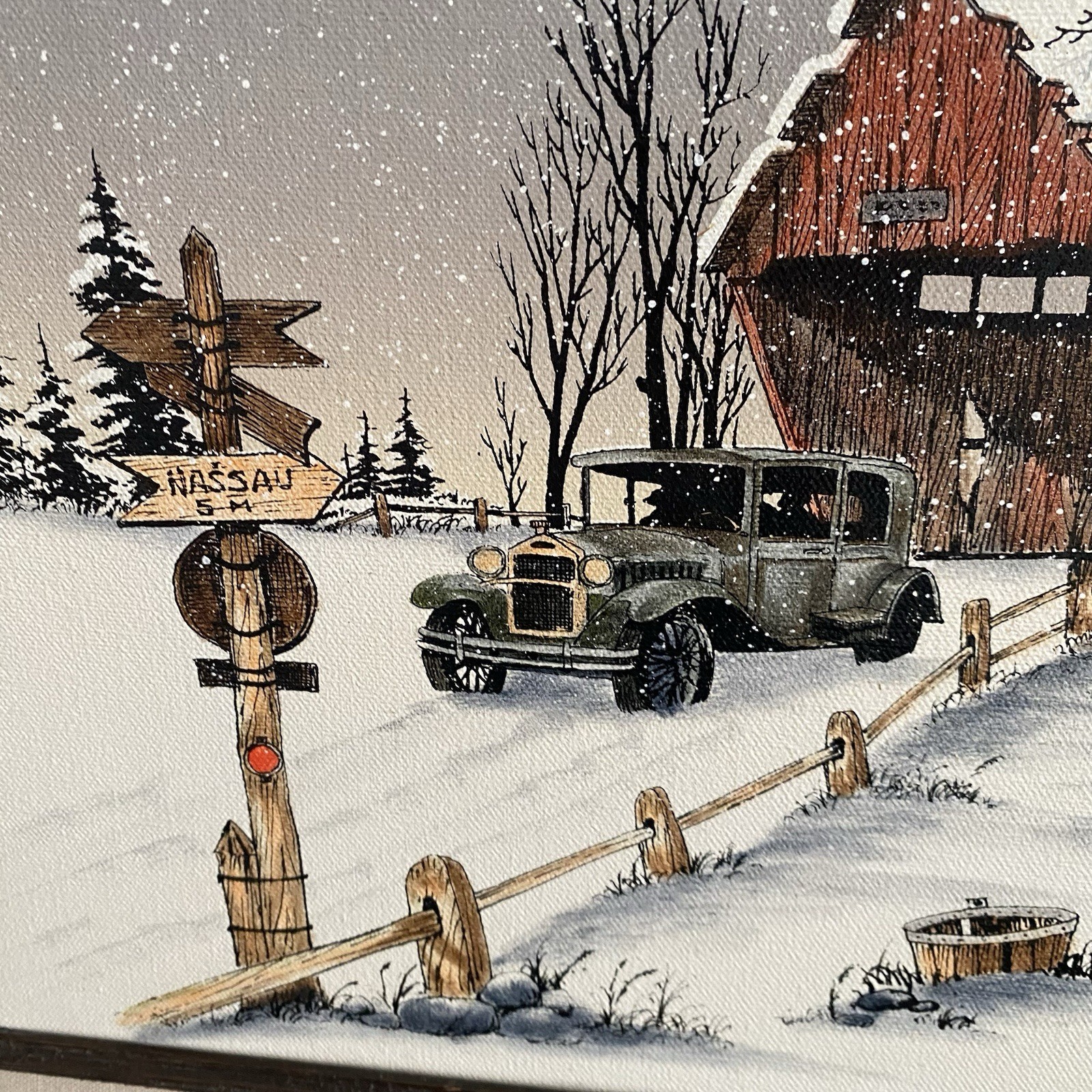 Vintage Winter Barn Farmhouse Canvas Print Framed Snow Scene Rustic Wall Art