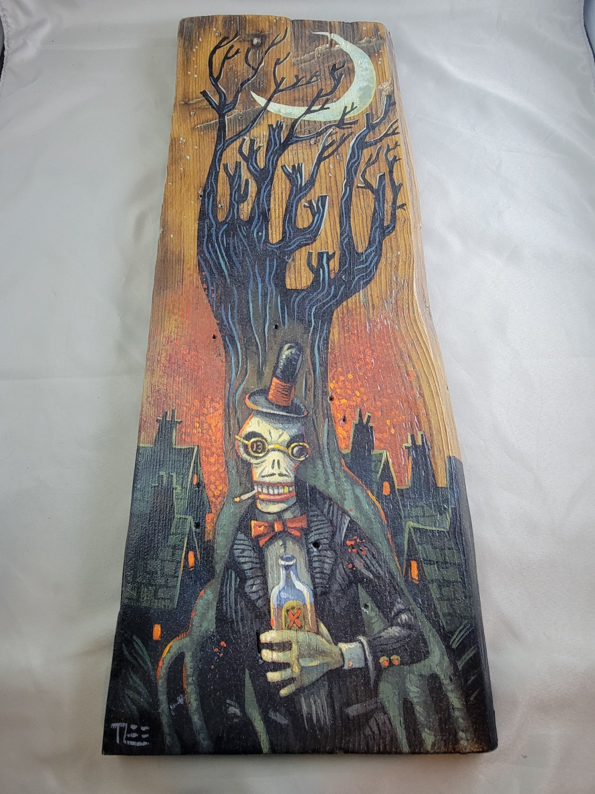 Tim Lee Skeleton Halloween Folk Art THE LURKER Acrylic On Board