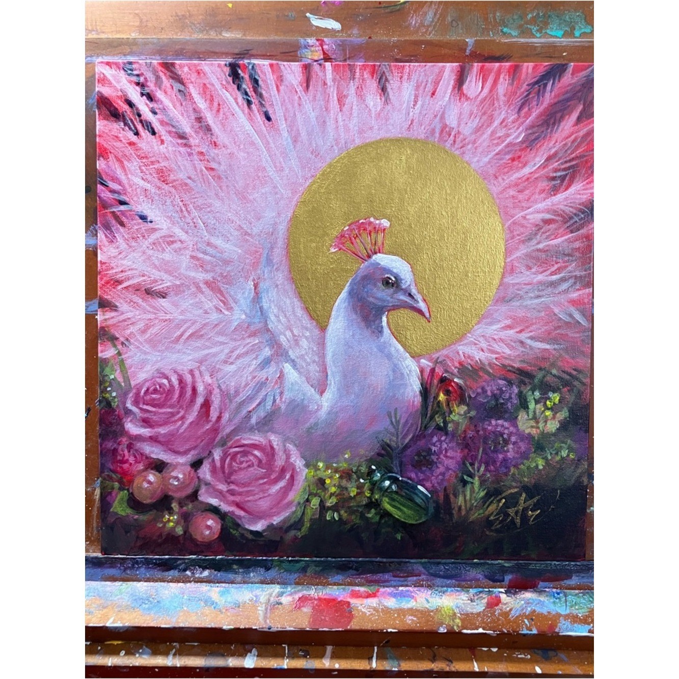 Original White peacock painting surreal art bouquet floral still life Artettina