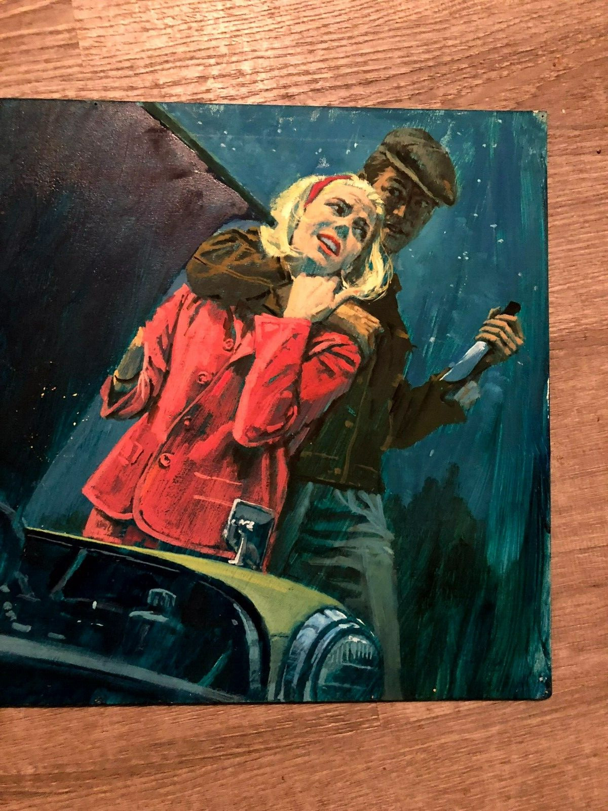 Published Pulp Illustration Painting Woman Broken Down Car Attacked By Man Knife