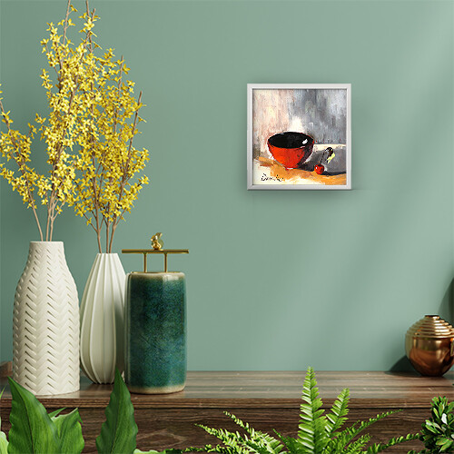 RED CUP and cherry Oil Painting 8x8in COLLECTIBLE ART impressionism ukraine