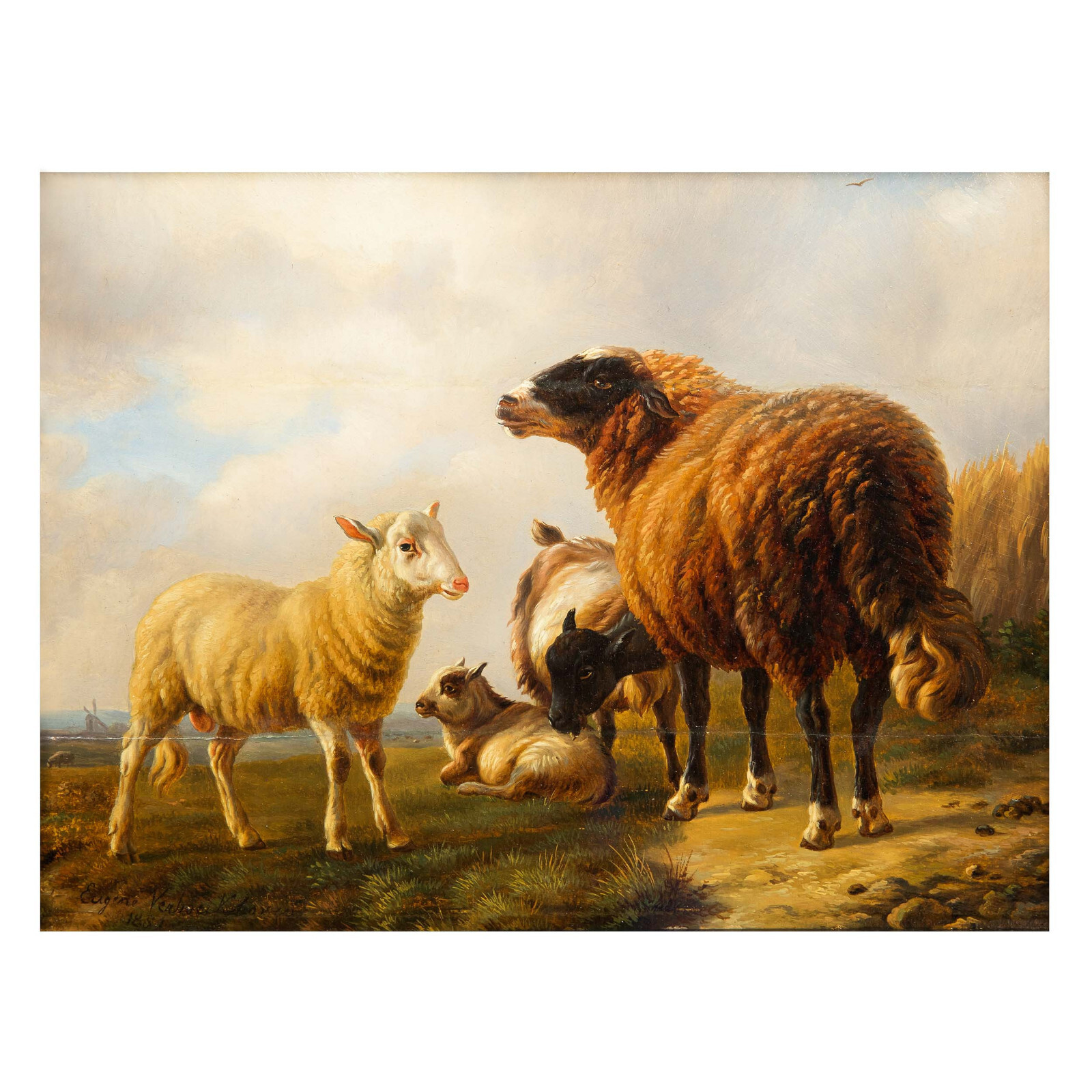 “Sheep and Goats” Belgian Oil Painting by Eugene Verboeckhoven, circa 1859