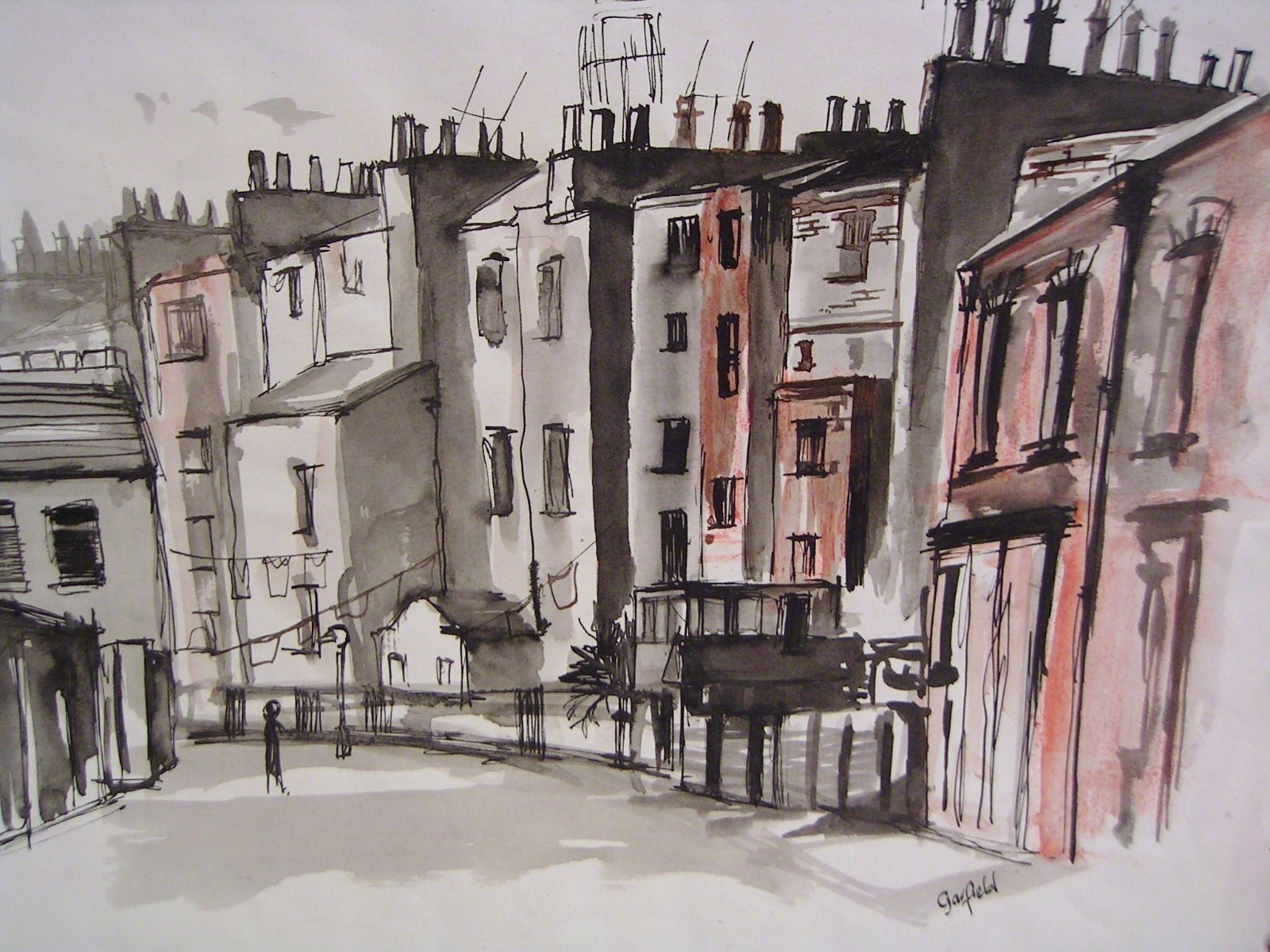 Mid 20th Century Expressionist Cityscape Painting Watercolor and Ink