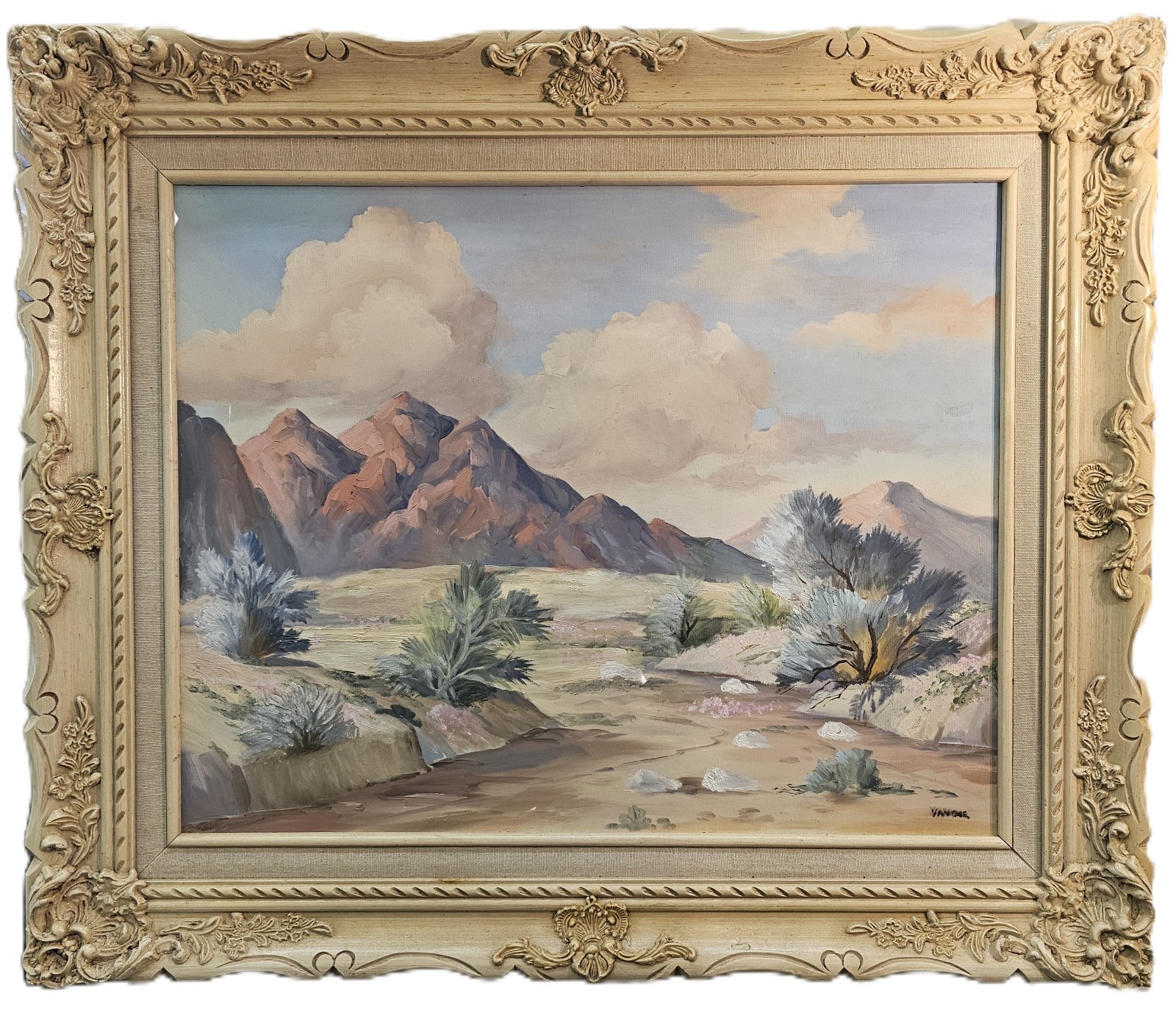 Framed Southwestern Desert Landscape Oil Painting Signed VAN GAE 26¼ x 22¼