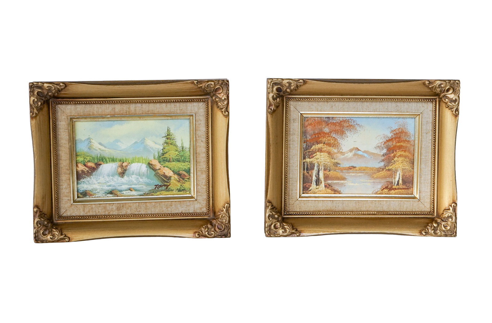 VTG Pair Signed Landscape Oil Painting Gold Gilt Frames Hollywood Regency Granny