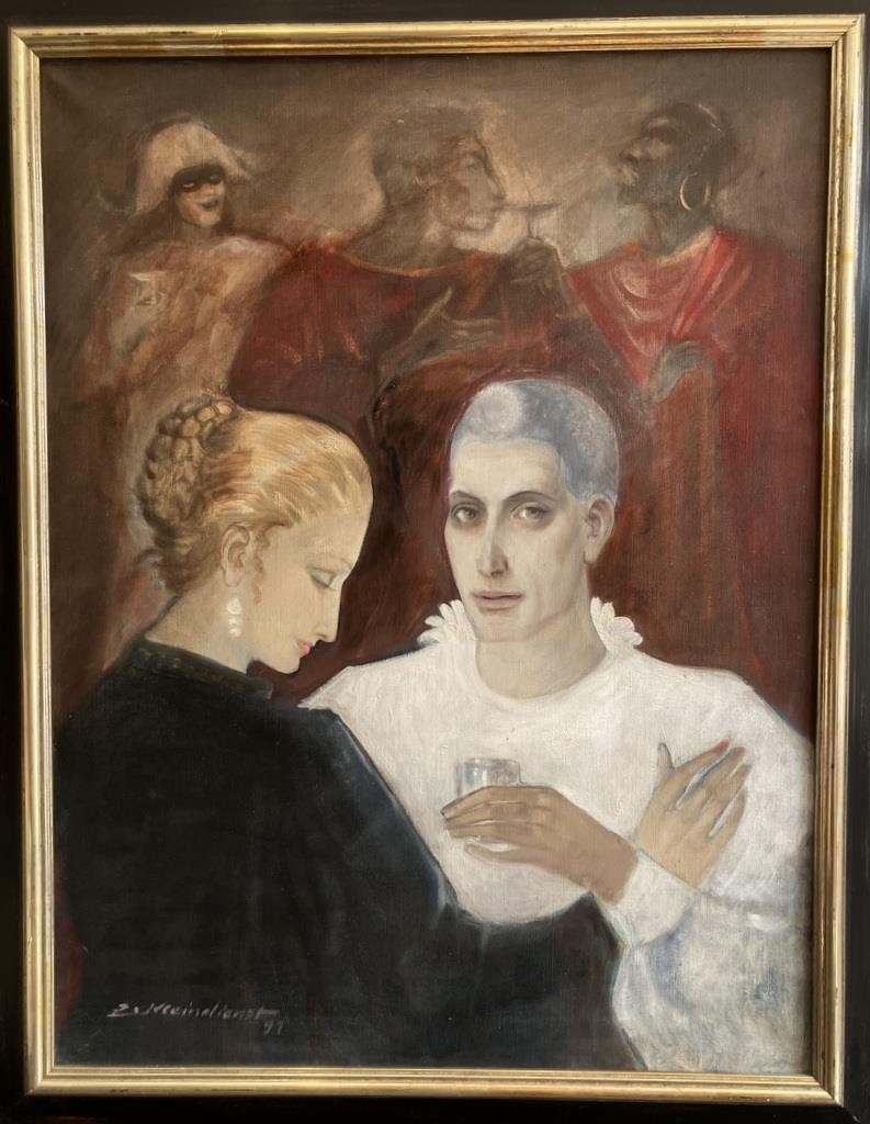 Original Oil Painting THE MASQUERADE Zdenek Kleindienst 1925-2012 VERY STYLISH