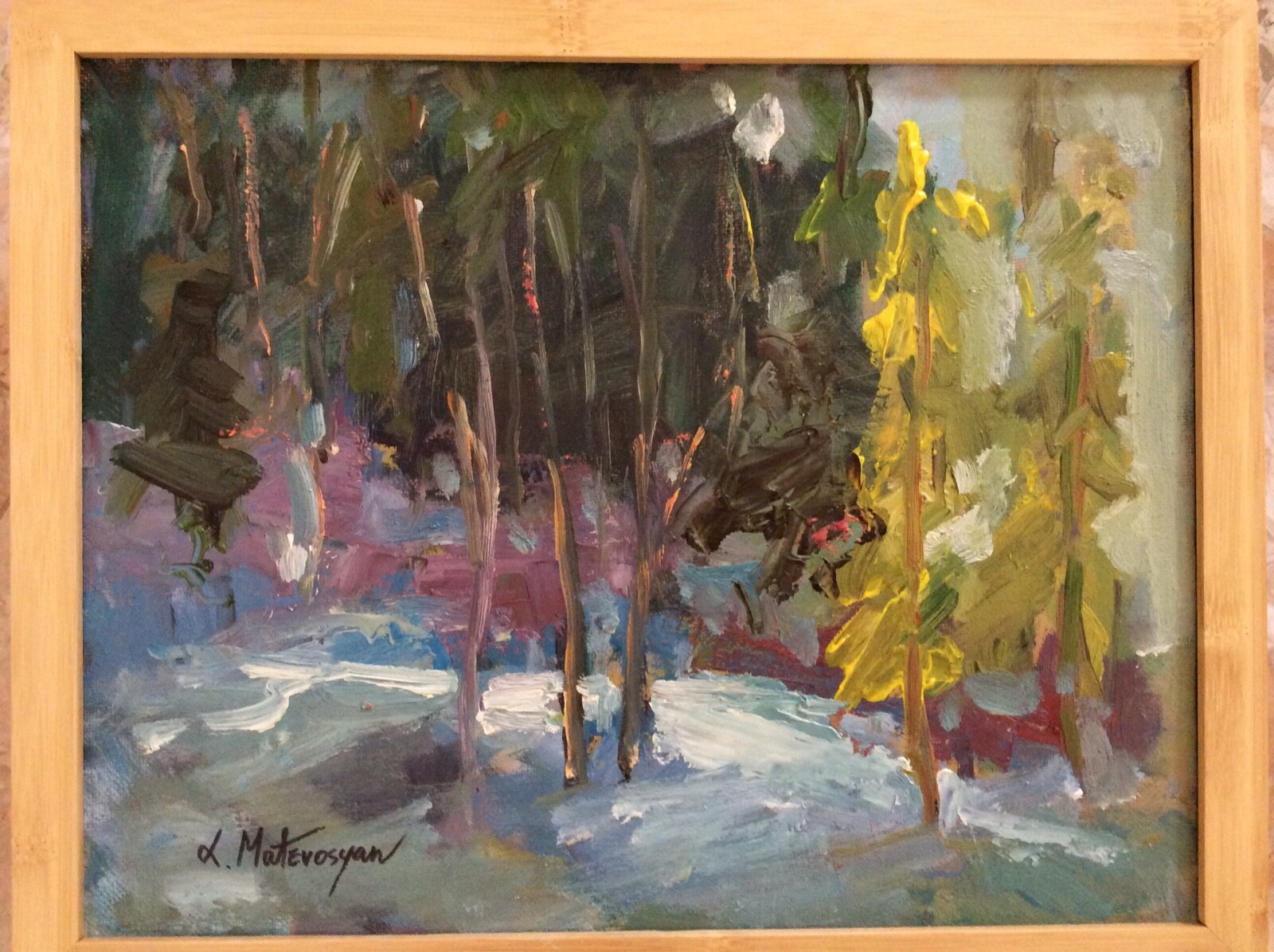 Original Framed Impressionism Oil Art Landscape Autumn Snow Signed