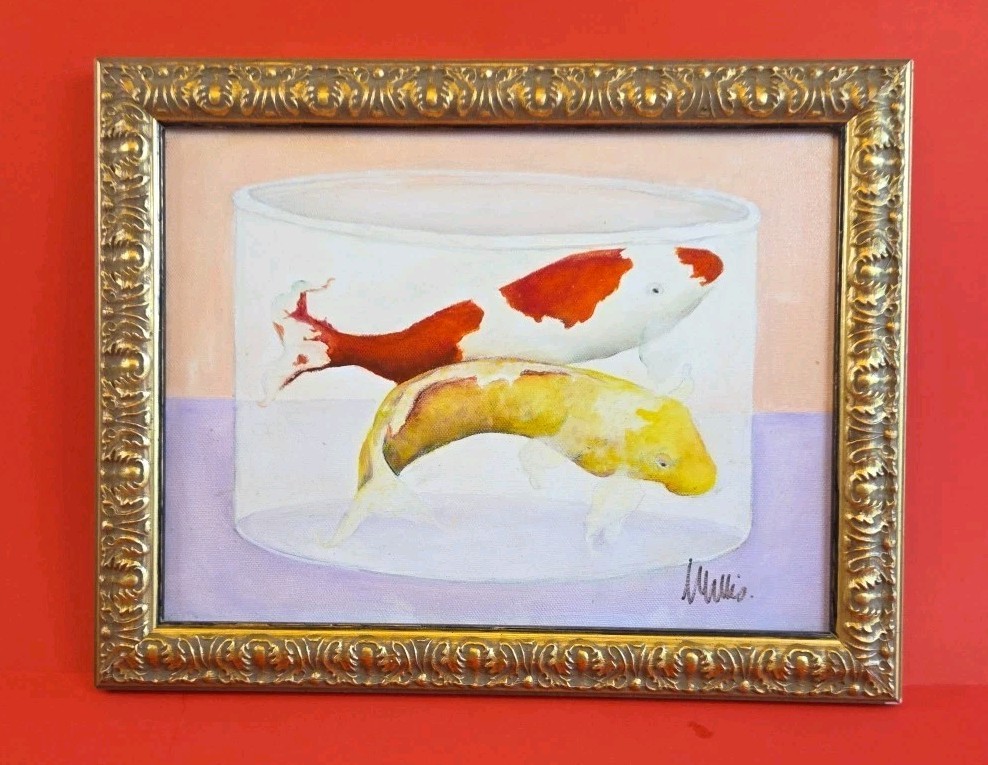 ORIGINAL Oil Painting on Canvas Koi Fish In Bowl Signed OOAK 14″x11″ Gold Frame