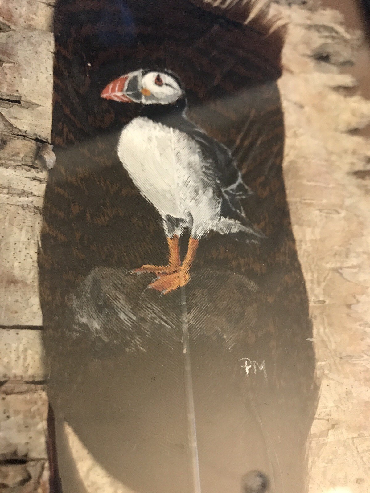 Pat Morris Hand Painted and Signed Puffin on Feather Birch Framed Art Original