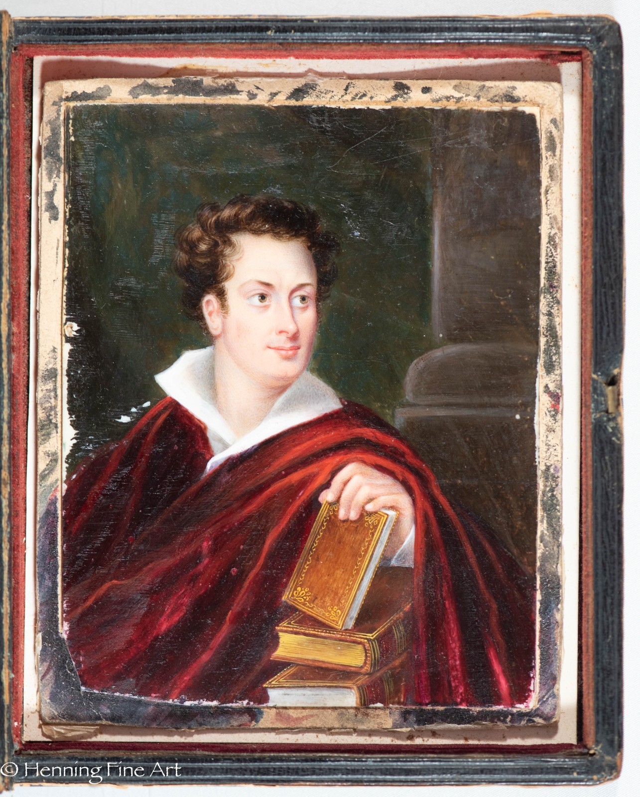Exceptional Antique Miniature Portrait Painting – Lord Byron in Custom Book Case