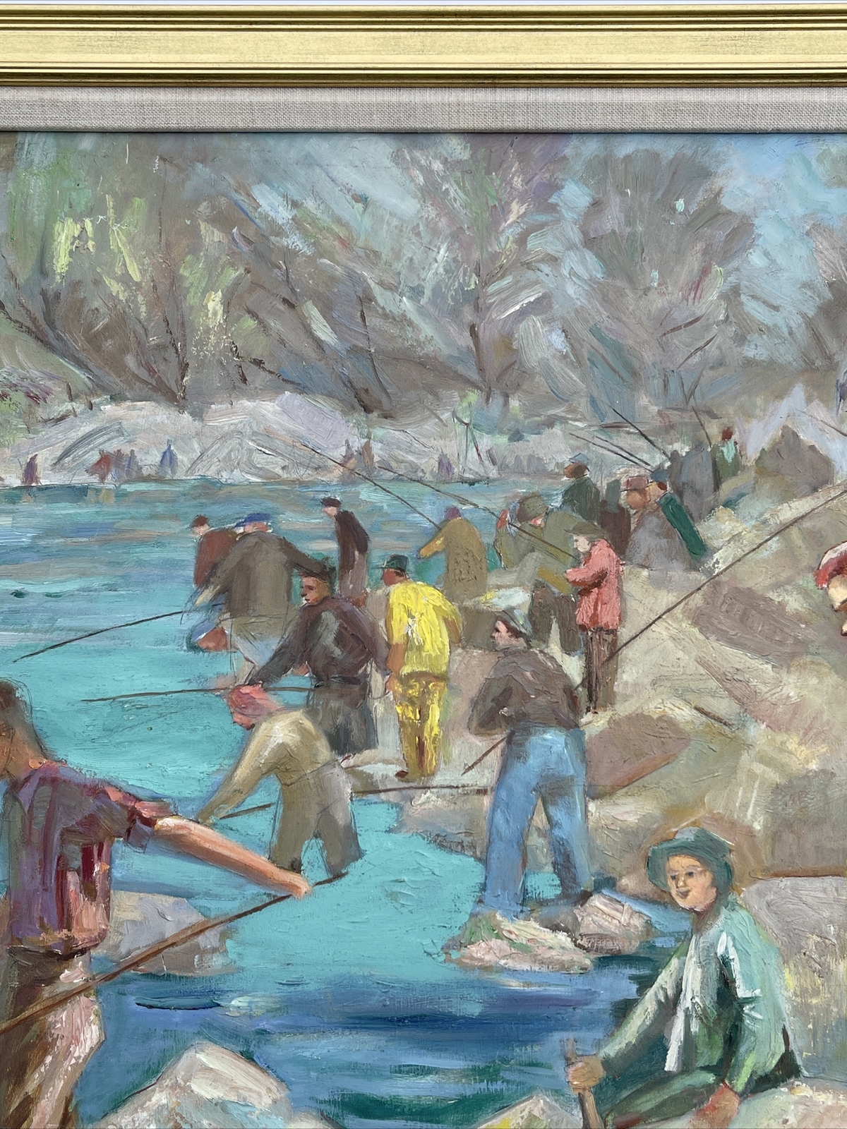 Fisherman painting people fishing mid century American Impressionism landscape