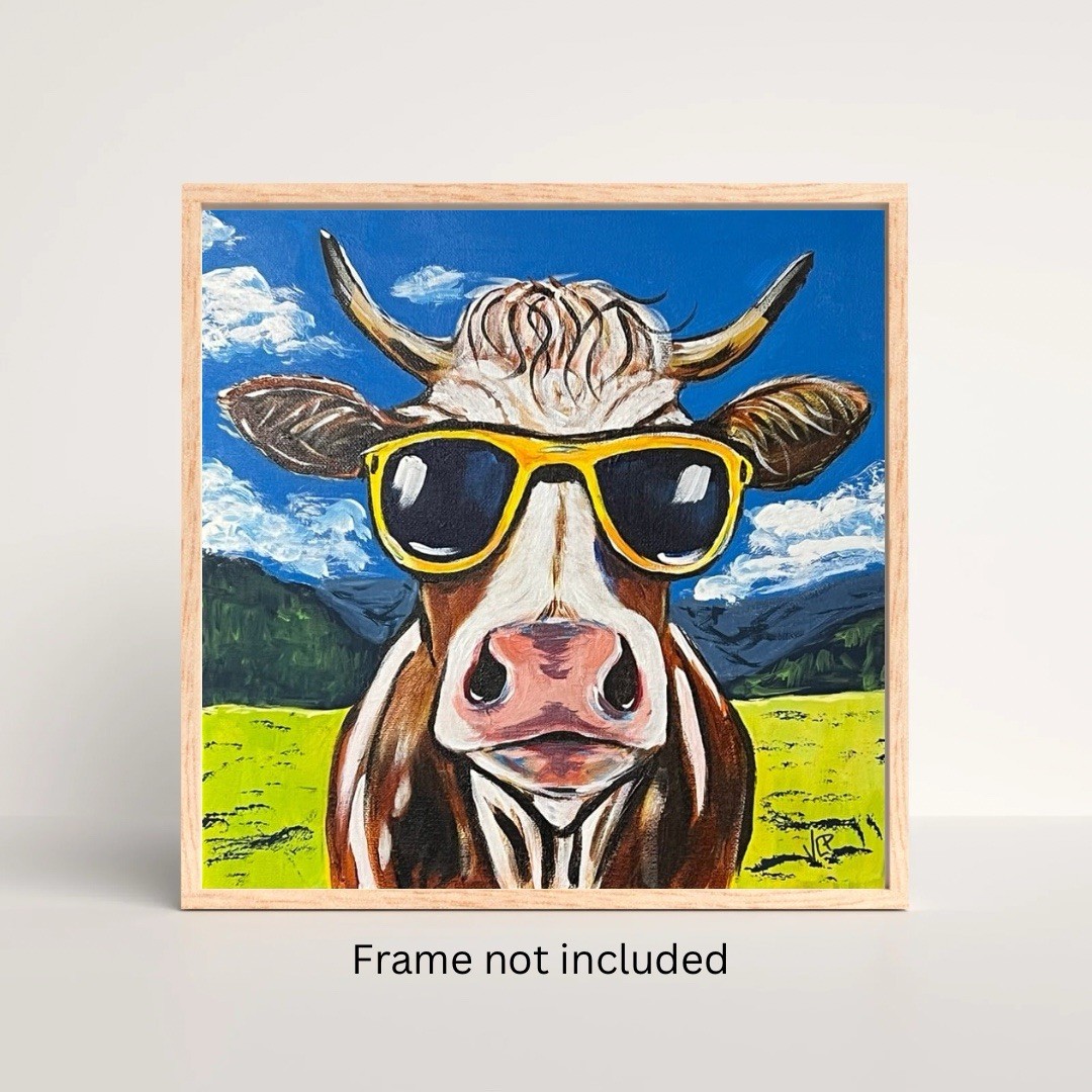 Whimsical Cow In Sunglasses Expressionist Art Acrylic 12×12” Canvas VLP Original