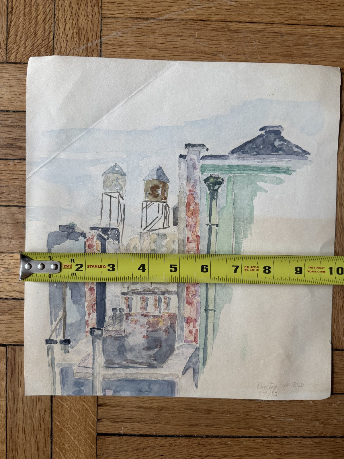 Vintage 1972 Watercolor Painting NYC Rooftops New York City Water Towers 10×11