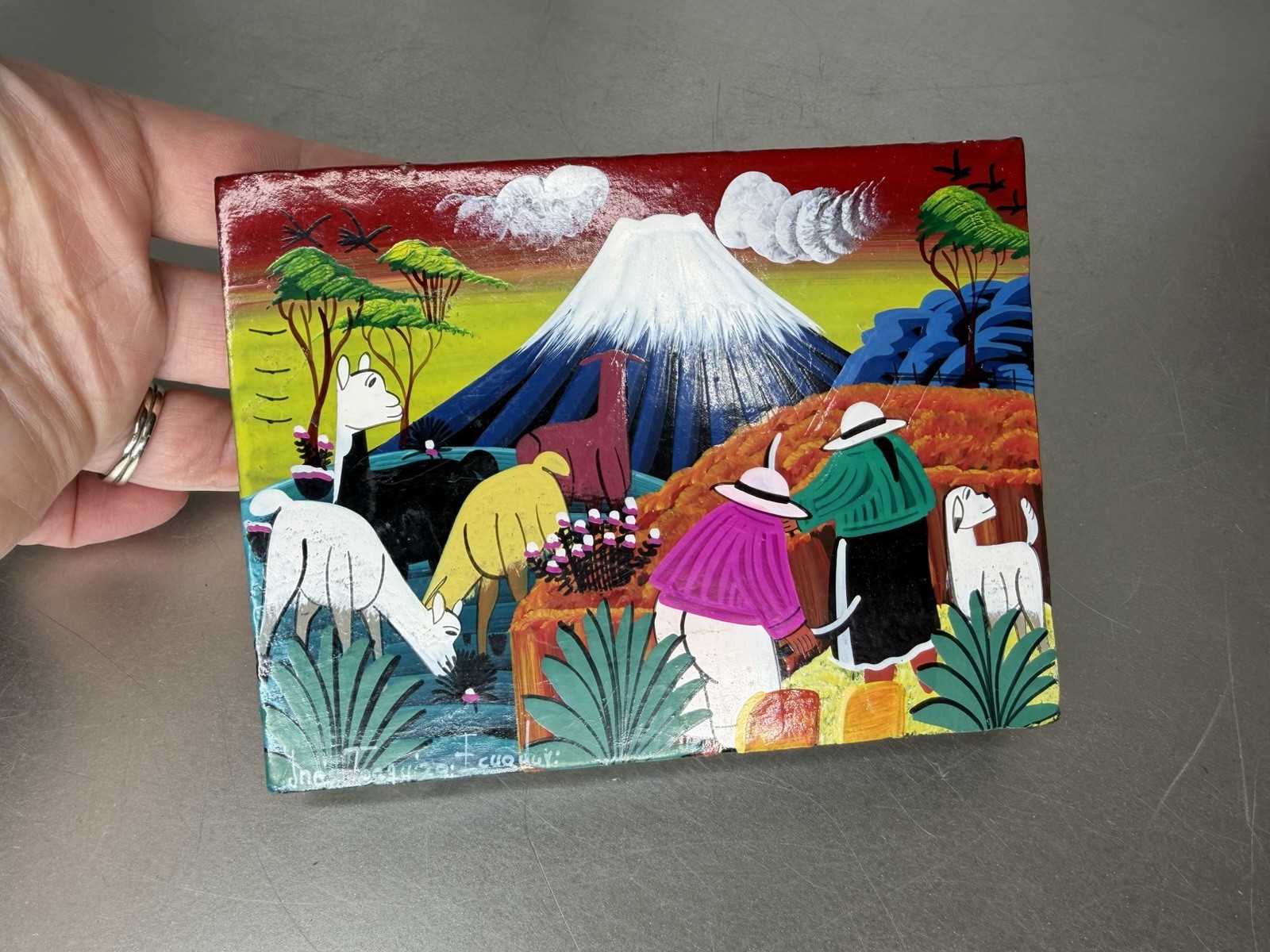Folk Art Painting Colorful Landscape Tigua Ecuador Alpaca Signed Mini 4.5 X 3.5