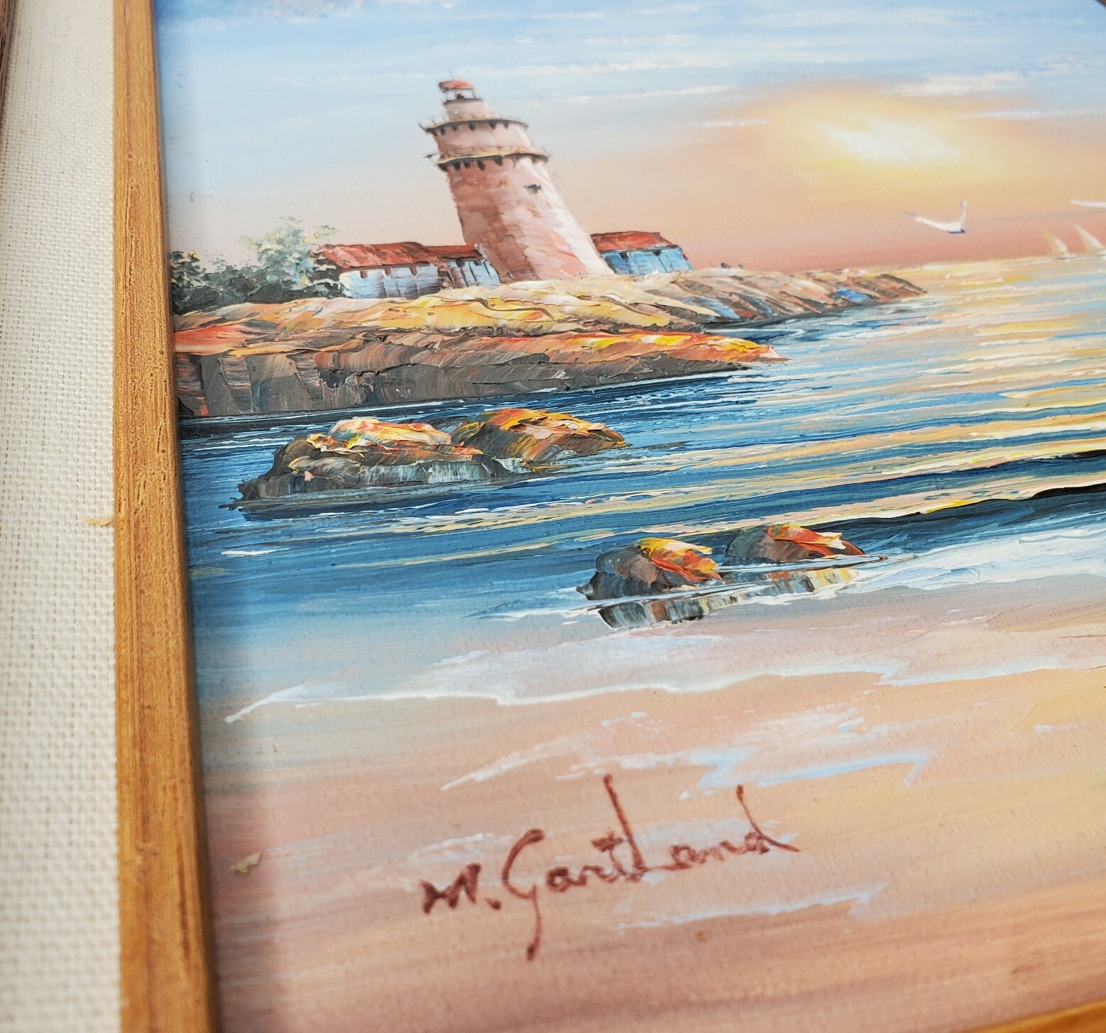 Lighthouse Seascape Oil Painting Sunset Boat Signed M Gartland Beach House Decor