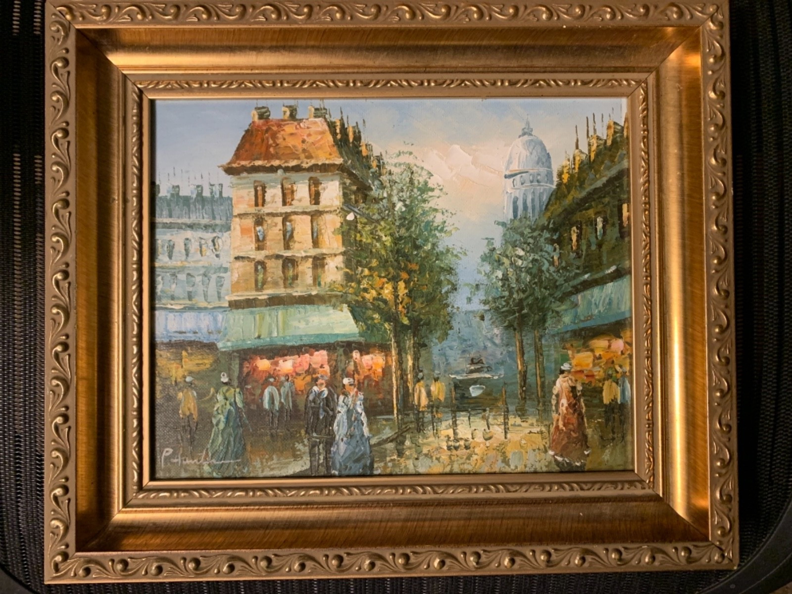 P. Hunter Original Oil on Canvas Paris Street Scene gold frame 13.25×11.25