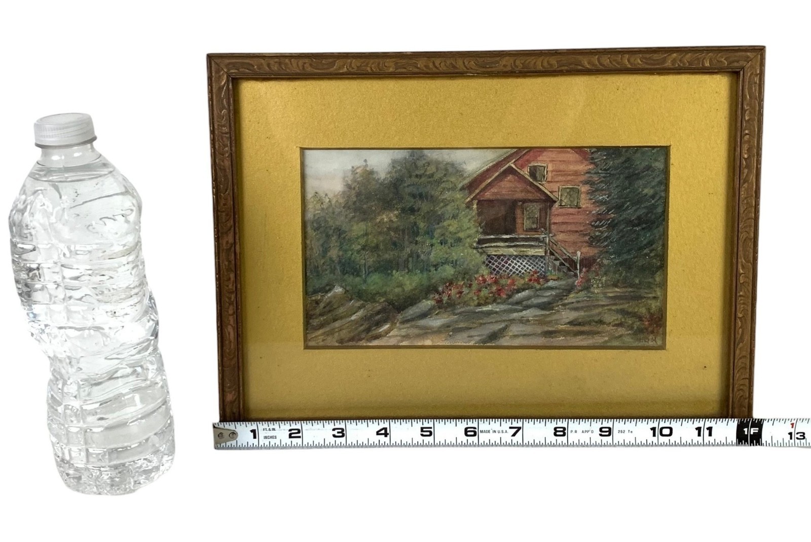 RH Macy & Co Herald Square Inc NY Framed Gouache Painting of Cottage Signed