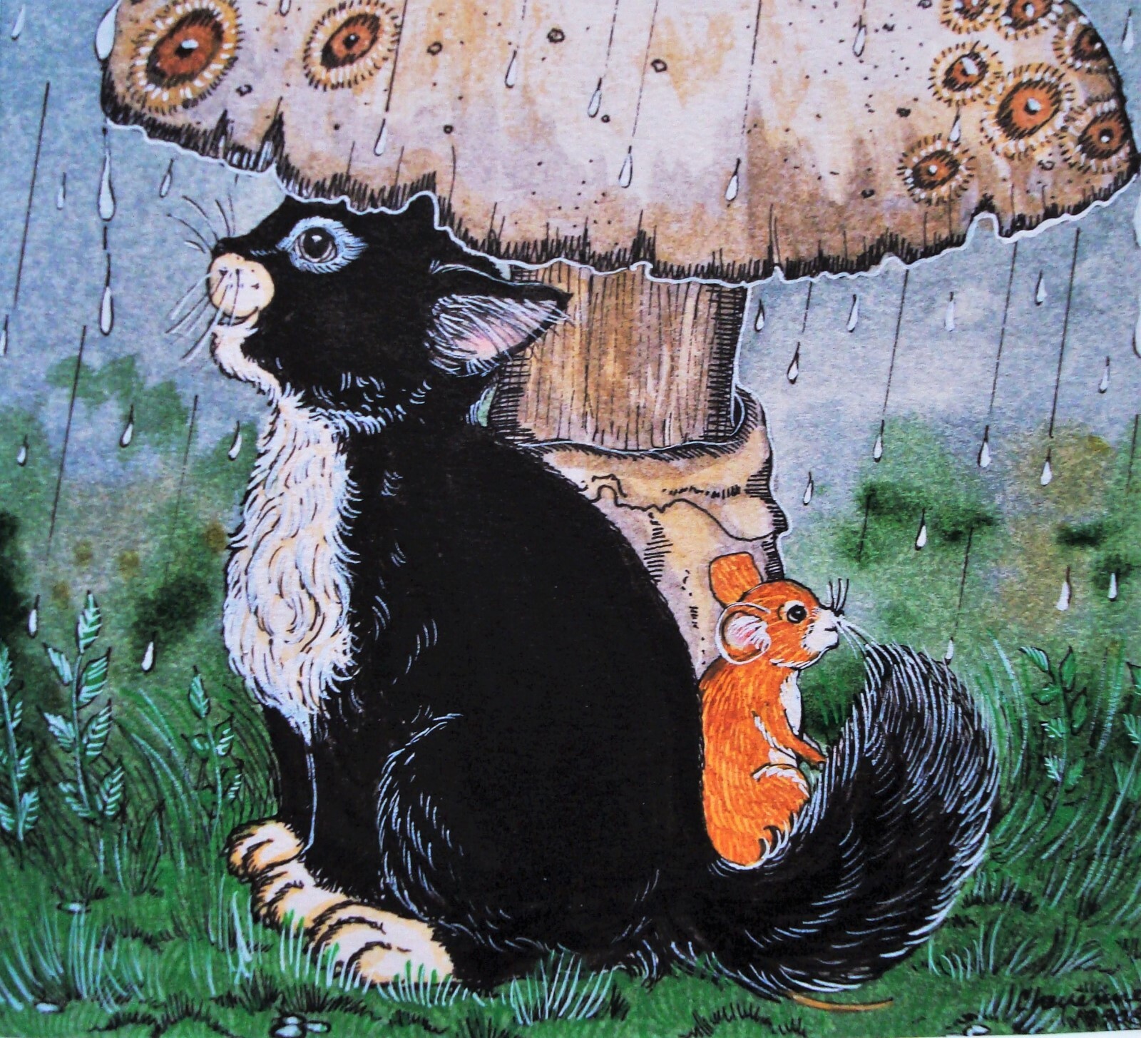 Signed CHEYENNE – Cat & Mouse, Giant Mushroom Watercolor/Gouache/Ink Painting