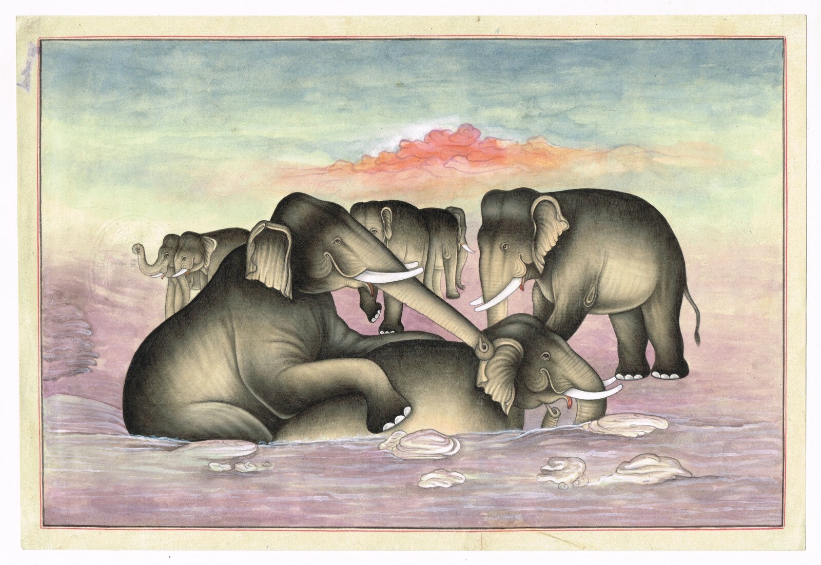 A Group Of Elephant Bathing A Lake Hand Miniature Painting On Paper 13×9 Inches