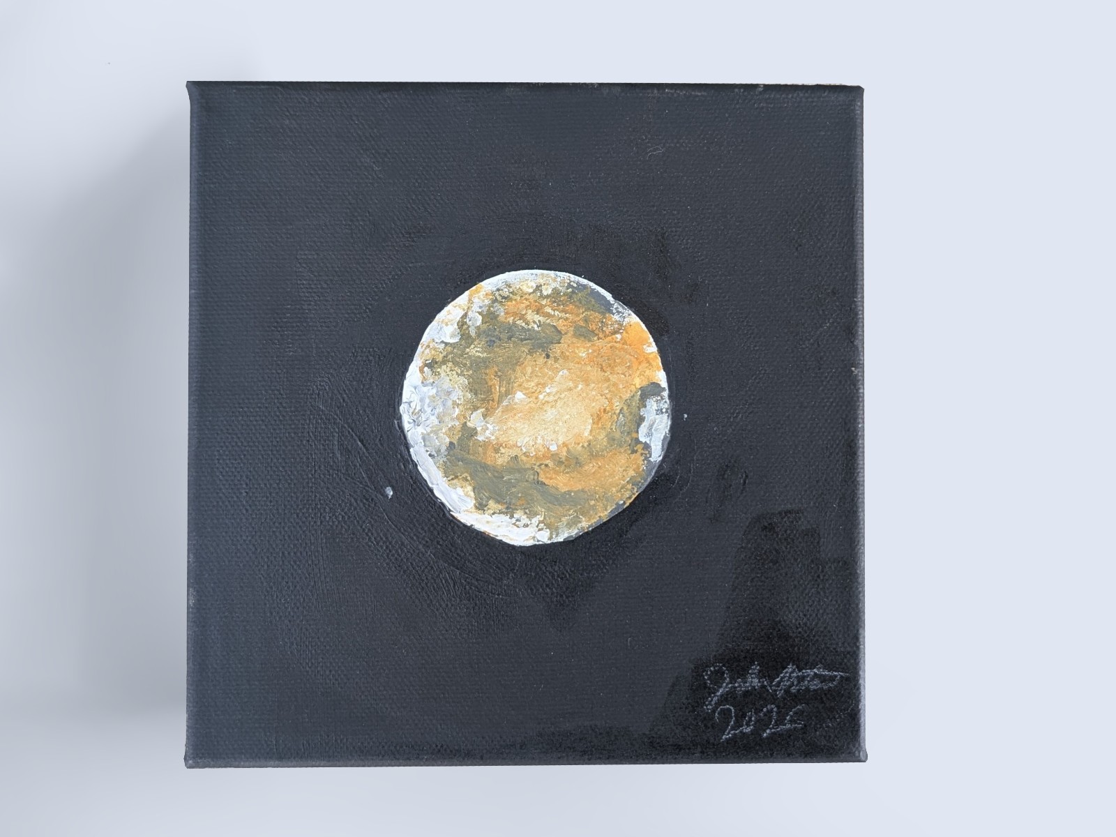 Painting of the Planet Mars and two moons, 6×6 Acrylic on Canvas