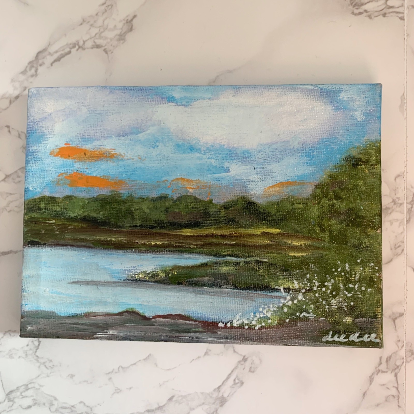 Hand Painted Landscape Painting Canvas Art Signed Dee Dee Blue Green 6.75 x 5