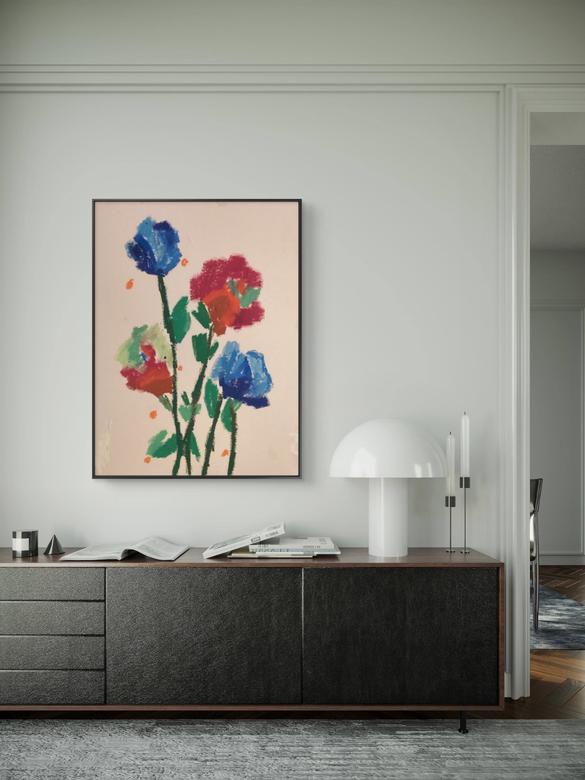 Simple Bright Red Blue Flowers Original 11 by 14 Canvas Panel