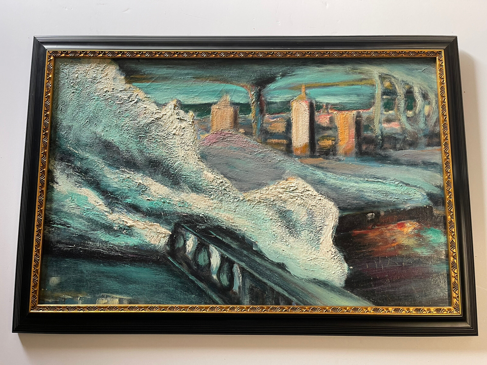Mid Century Modern Painting Abstract Cityscape Expressionism Industrial Urban
