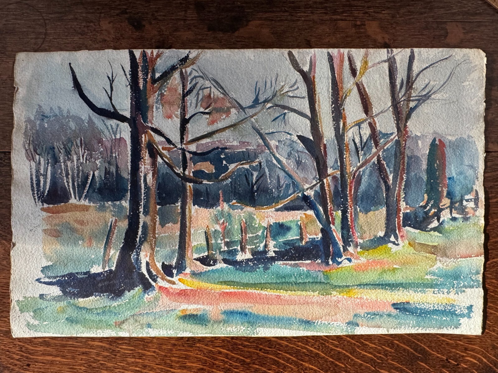 Vintage 1930s Rustic Autumn Wooded Landscape Watercolor on Laid Paper 13 x 22