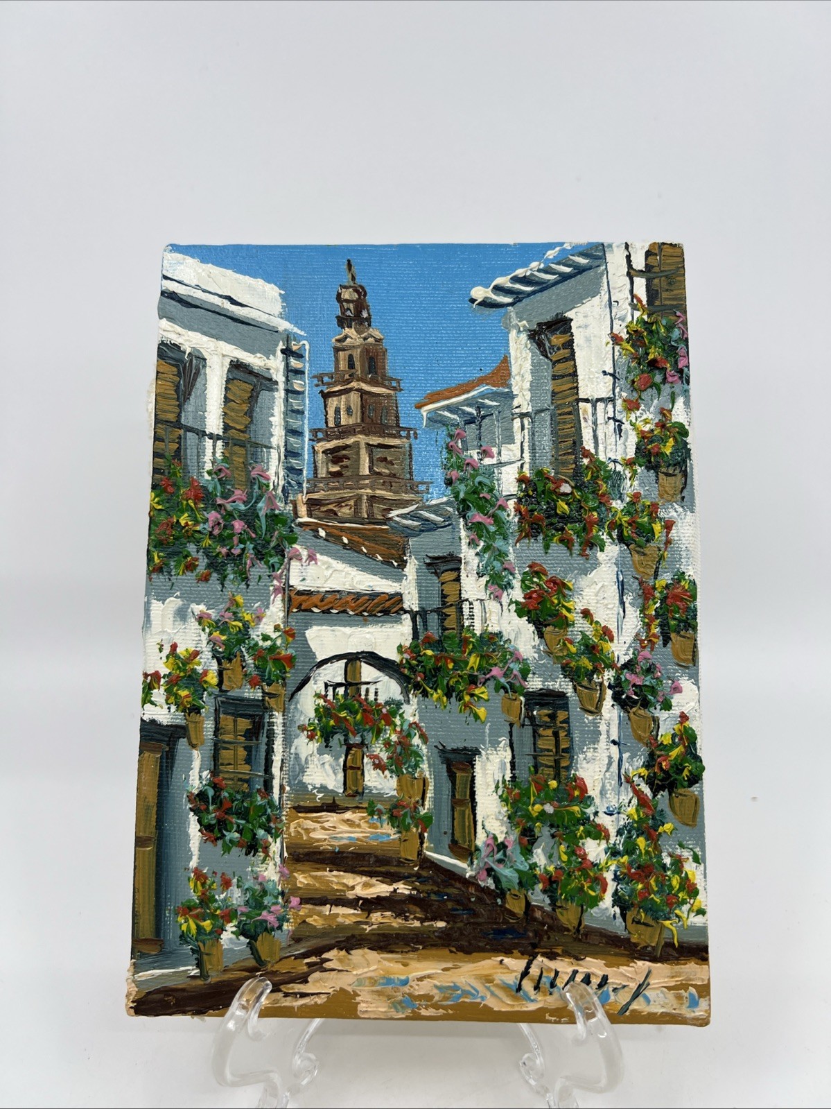 Alley of the Flowers Córdoba Spain Impasto Oil Painting Street Artist Signed 5×7