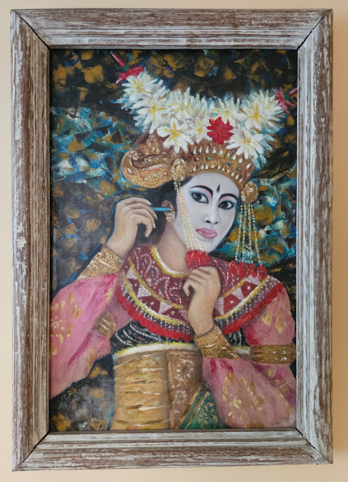 Indonesian Bali Oil Painting Woman Legong Dancer doing Makeup Asia Balinese