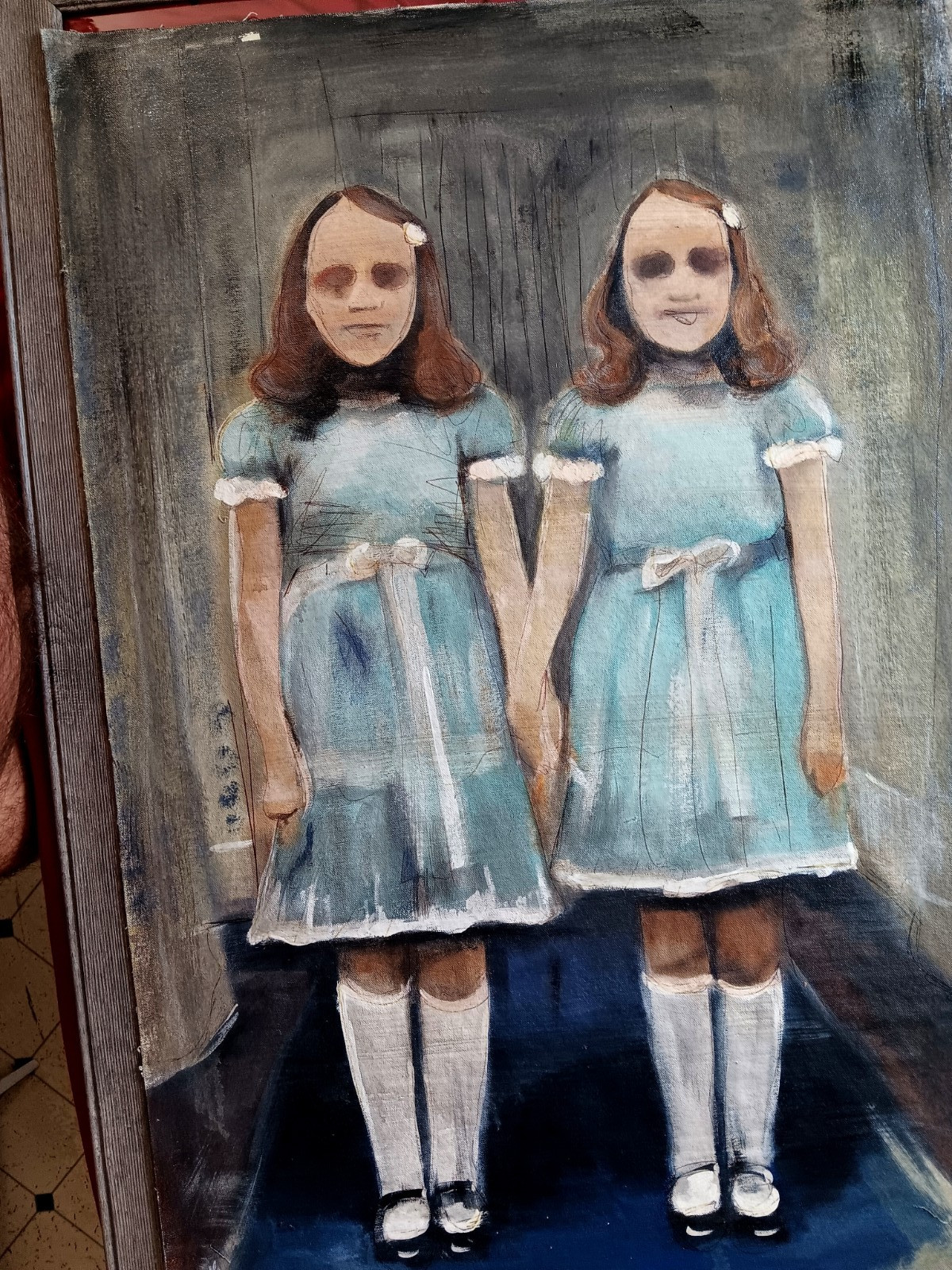 SHINING TWINS ORIGINAL OIL PAINTING COTTON CANVAS SIGNED KUBRICK HALLOWEEN GHOST