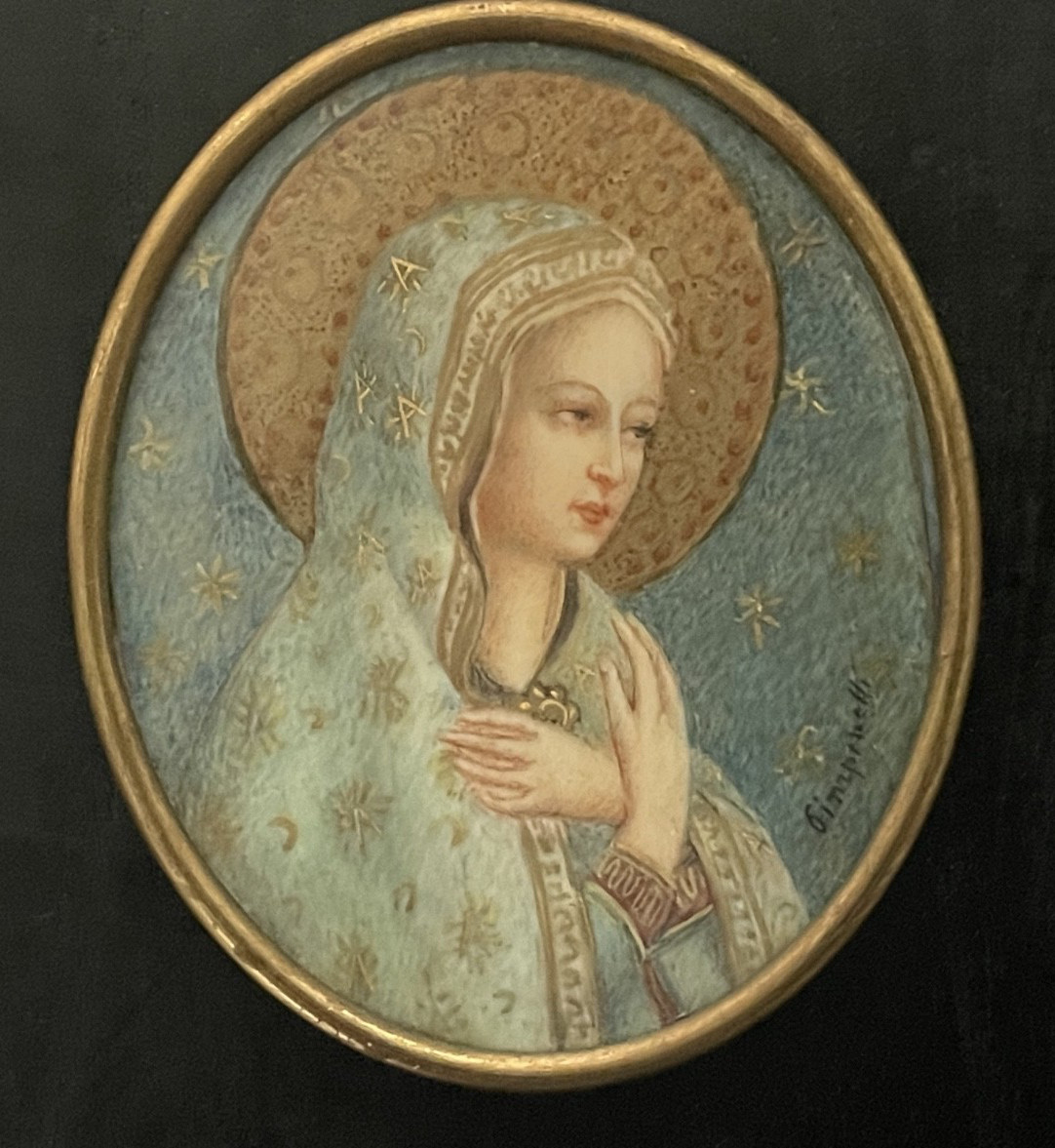 Antique Oval Portrait Miniature Virgin Mary Painting of Madonna of Peace
