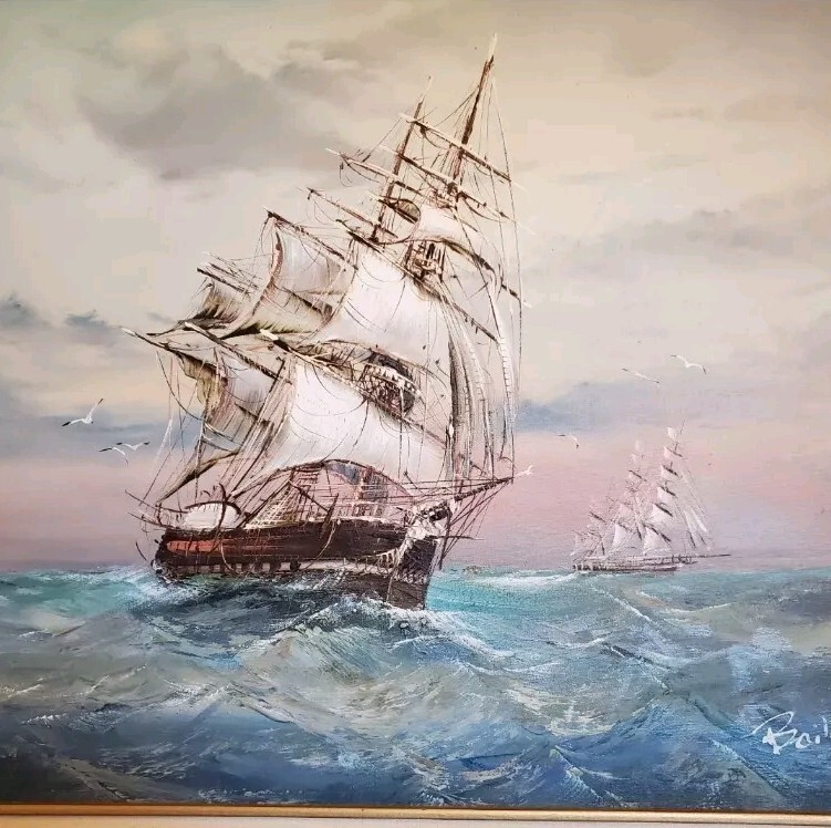 Vintage Signed Baille Seascape Oil Painting Tall Ship Nautical Framed