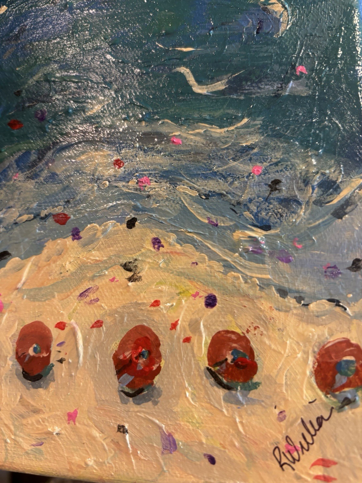Umbrellas On Beach Landscape 8×10 Abstract Impression Original Fine Art Canvas