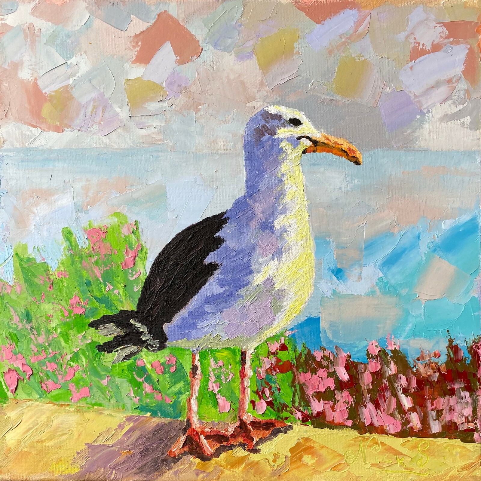Curious Seagull Colorful Oil painting ORIGINAL Signed Impressionist Paintings