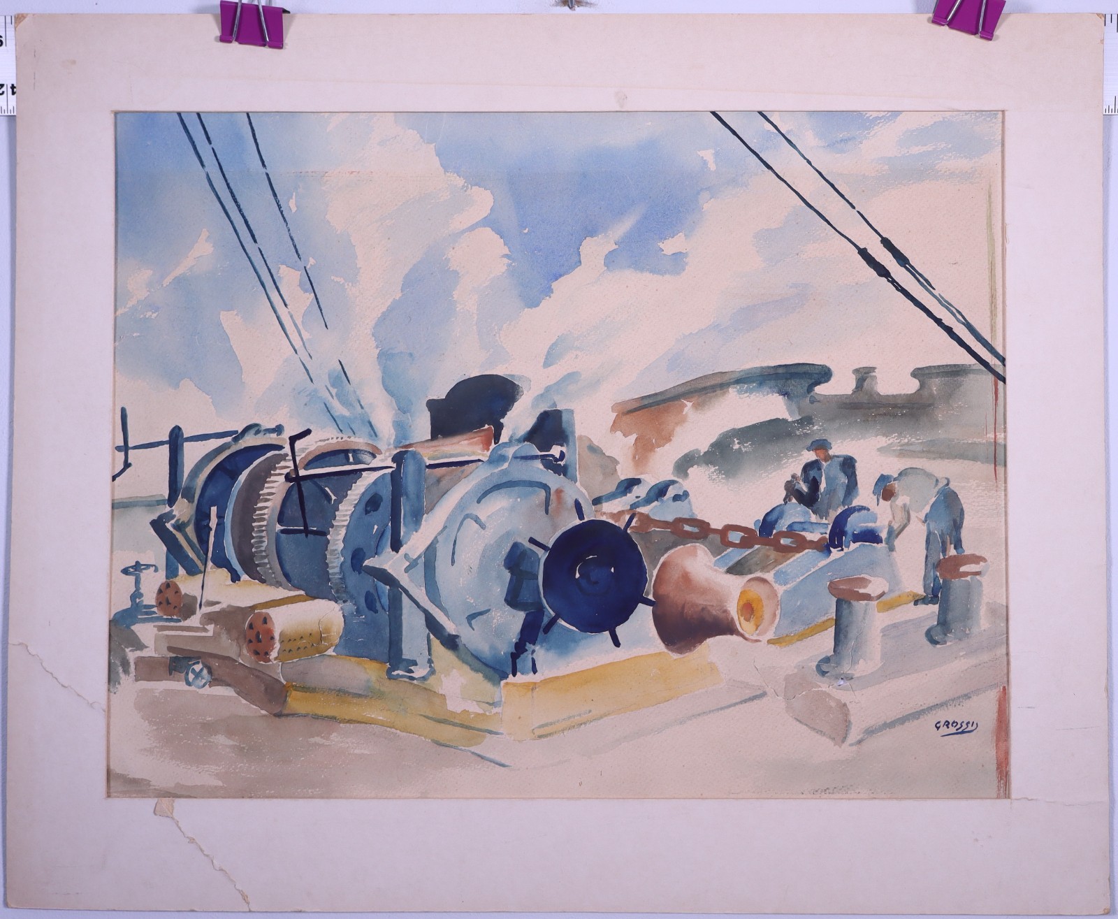 Original G. Rossi Impressionist Watercolor – Men on a Ship, Maritime Art, Signed