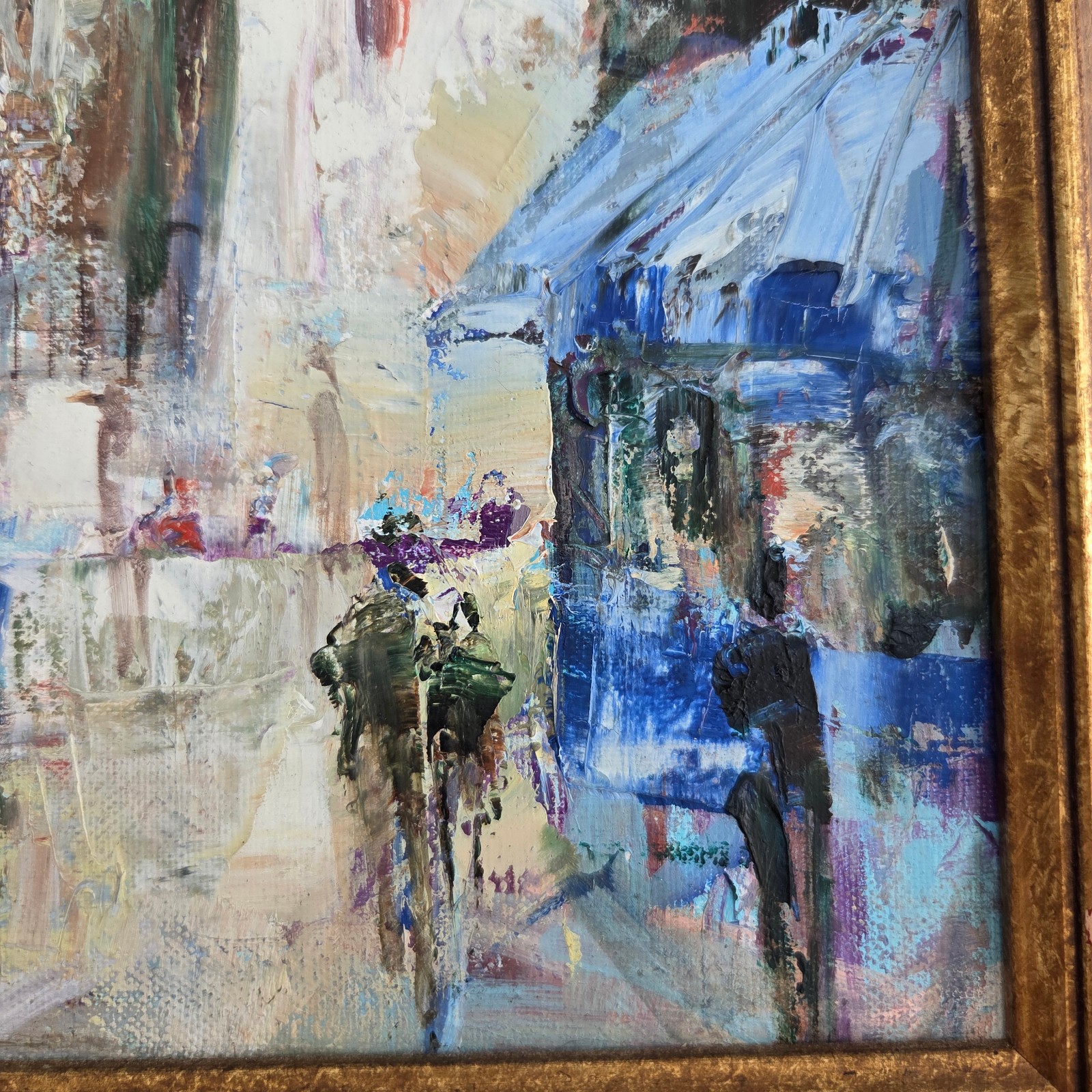 Vintage Abstract Original City Scape Blue Gold Oil Painting Art 10″ x 13″