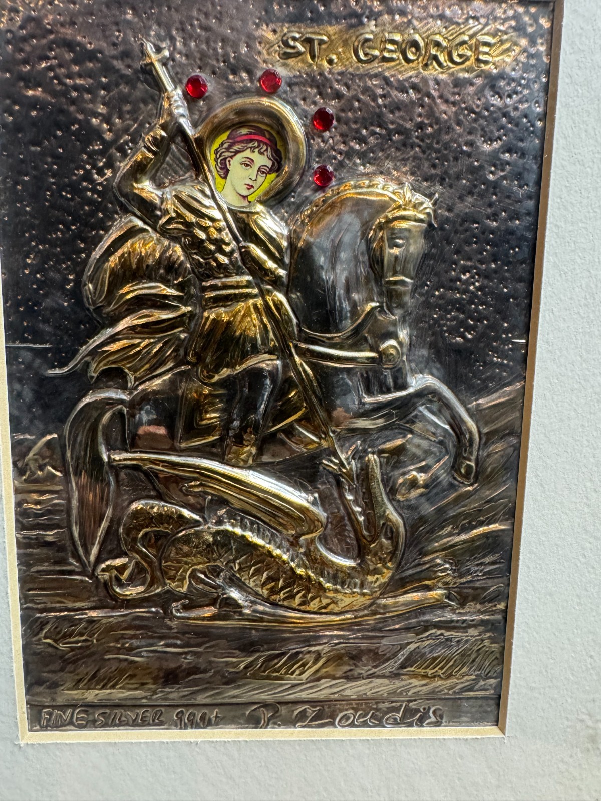 Peter Zoudis St George Fine Silver 999+ 24k Gold Relief Icon Framed Ruby COA