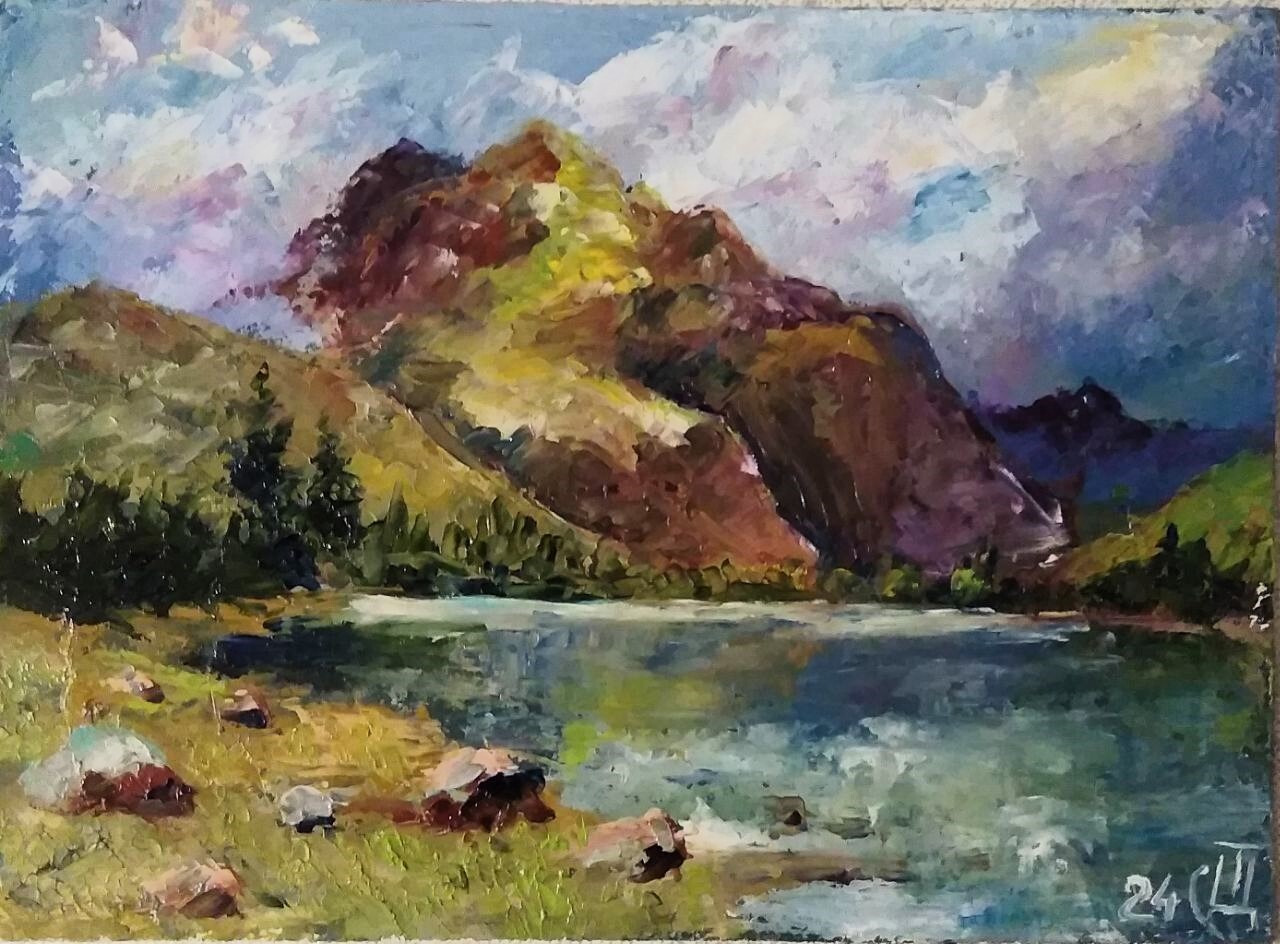 Painting «Mountain landscape». Oil on hardboard. Palette knife. 5x7inc.Handmade