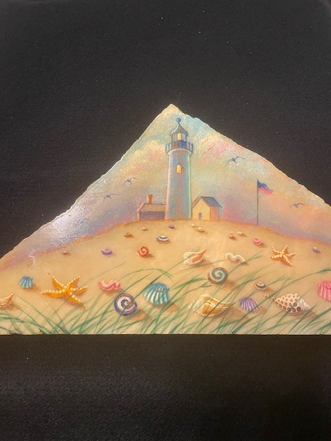 Marcia Abramsohn, Oil on Verdi Marble, Signed Beach Scene Lighthouse 7.5X7.5X1″