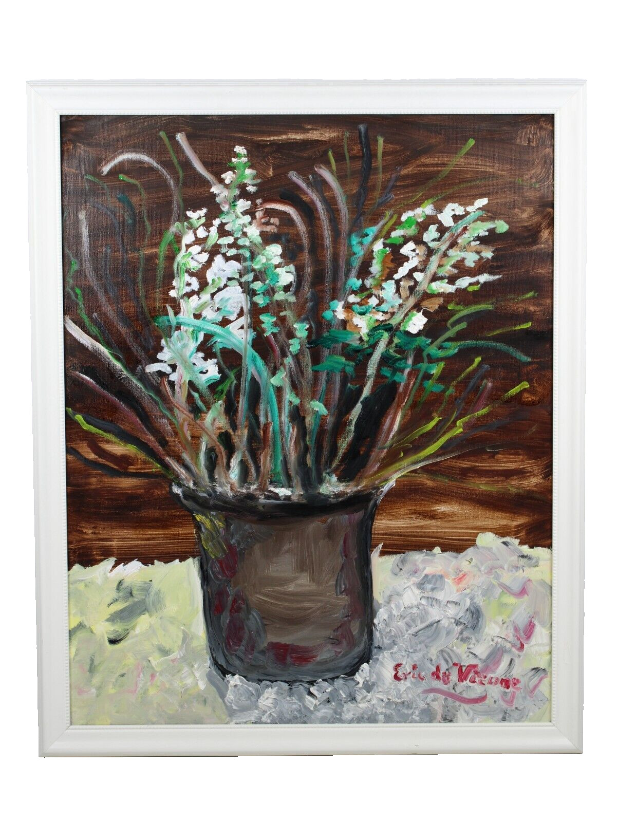 Green & White Floral Vintage Still Life Oil Painting Signed Eric de Vienne