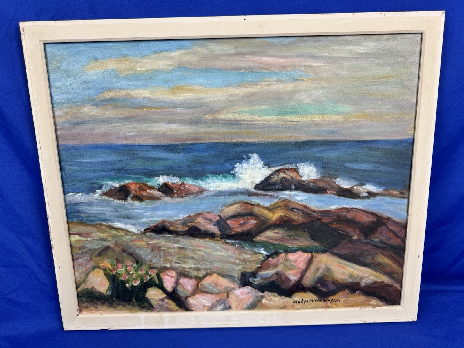 C.1965 Oil on Panel COASTAL Landscape 20″ x 16″ Gladys Wellington, Somerville MA