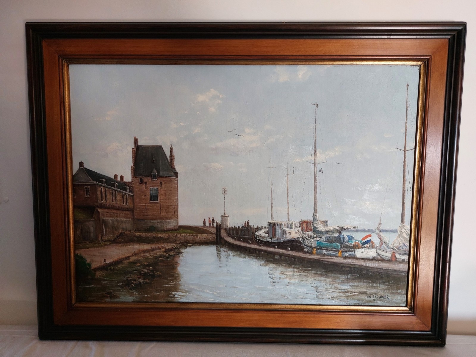 Gien Brouwer, Oil on Canvas – Port Scene of Veere, Signed