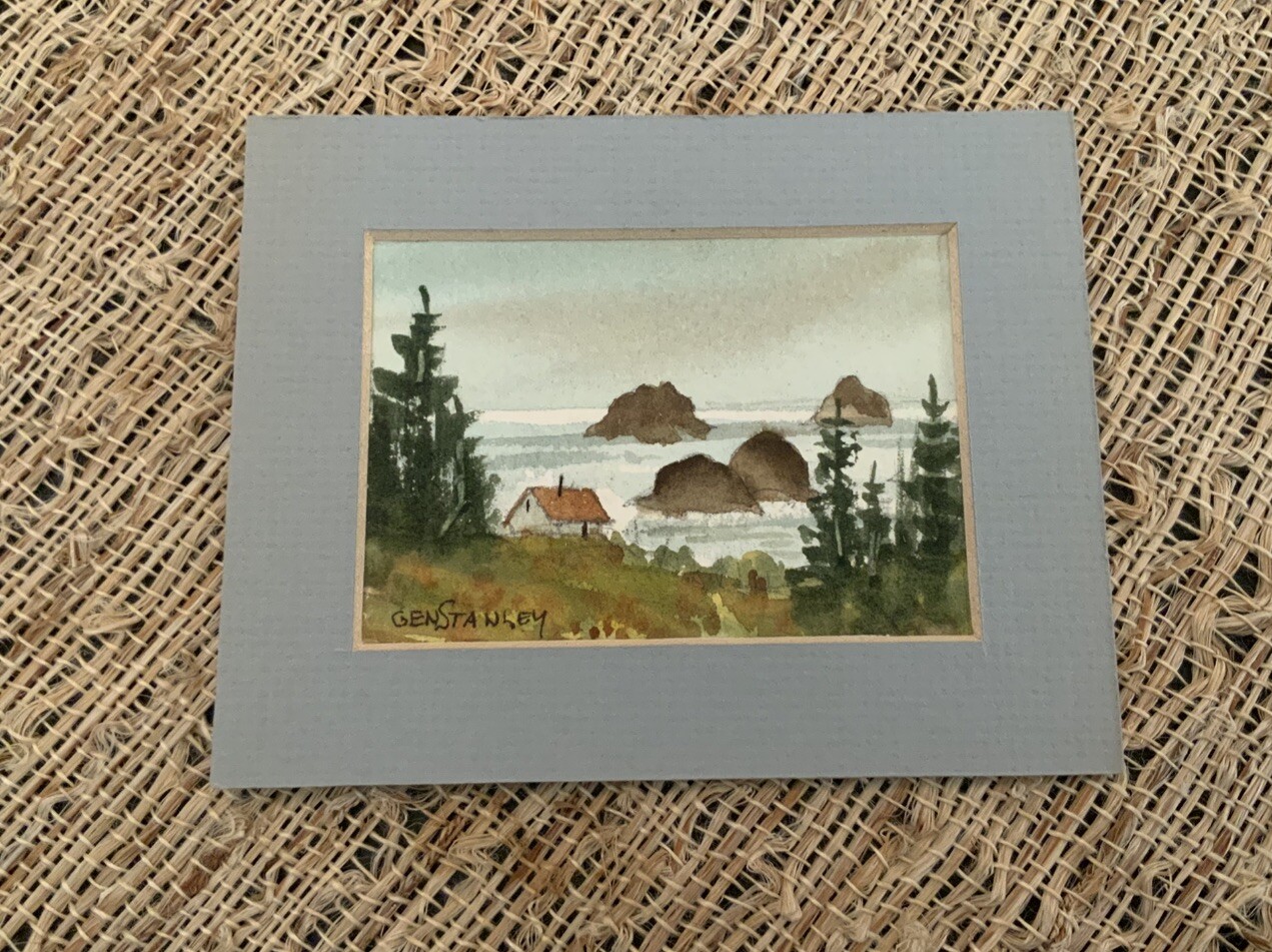 5”x4” Mini Gen Stanley Signed Original Watercolor Ocean & House Scene Painting