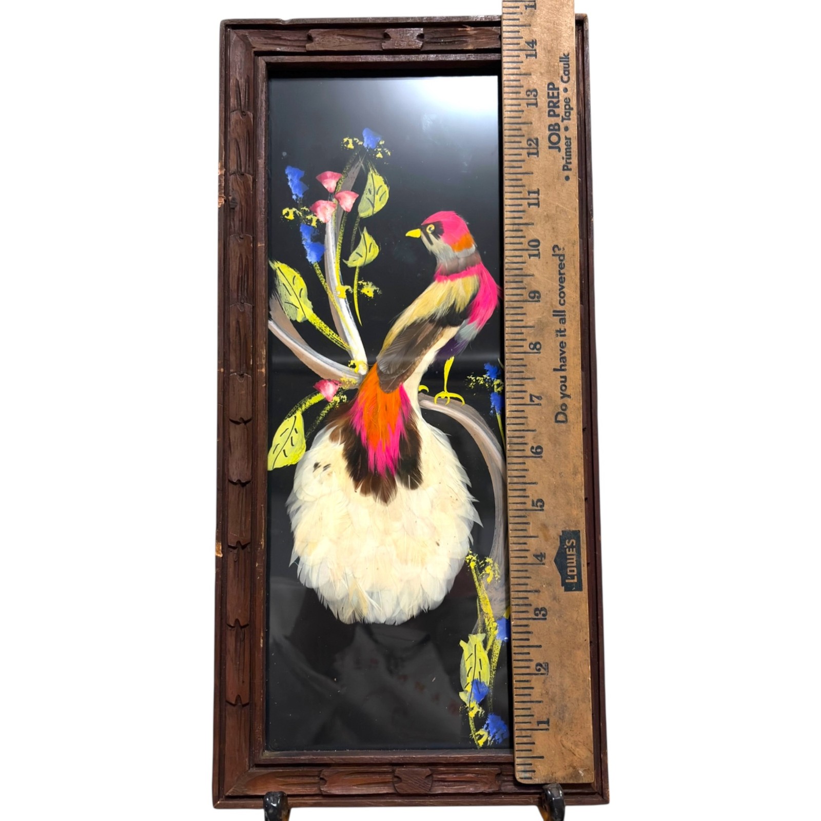 Framed Feather Peacock Art Dopamine Floral Accents Rustic Wooden Frame 14″ x 7″