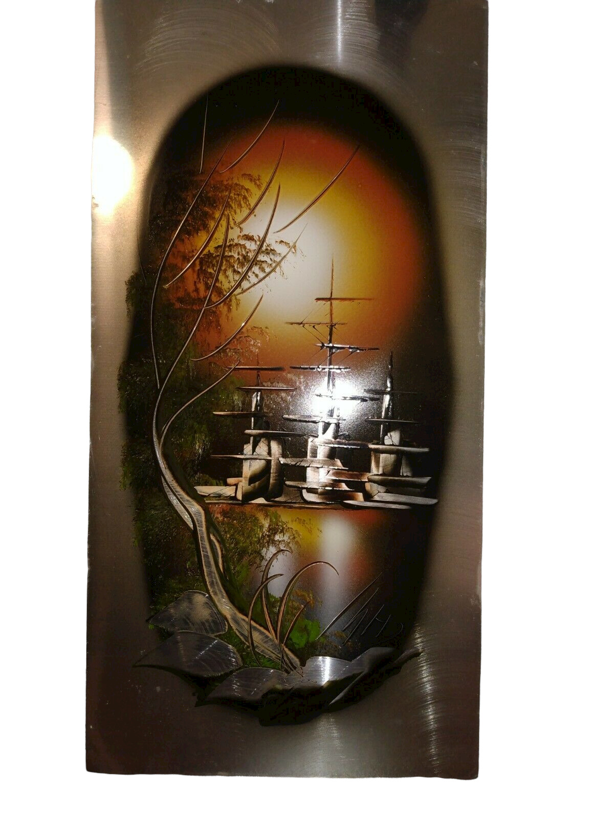 Vintage Oriental Sunset Spray Paint Art Thin Aluminum Metal 19 3/4″ x 9 3/4″
